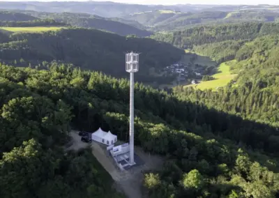 Ein Mobilfunkmast steht in einem Waldgebiet