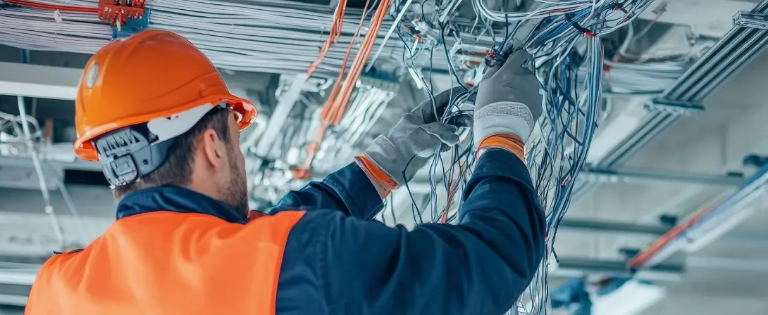 Ein Elektriker ist von innen zu sehen und arbeitet an der Elektrik einer Gebäudeverkabelung.