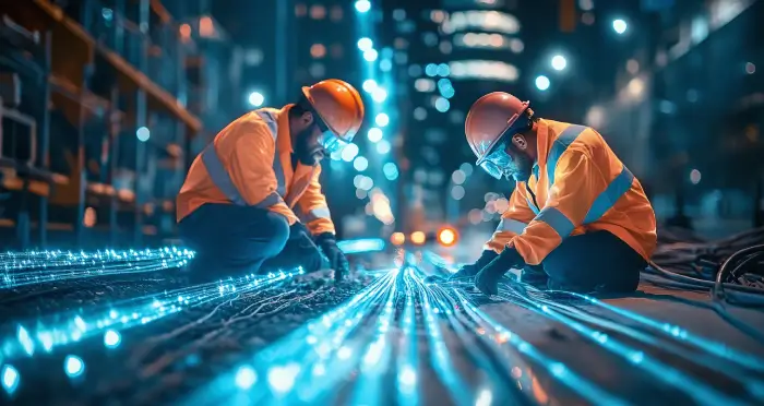 Zwei Straßenbauarbeiter hocken vor Glasfaserkabeln und arbeiten konzentriert an diesen.